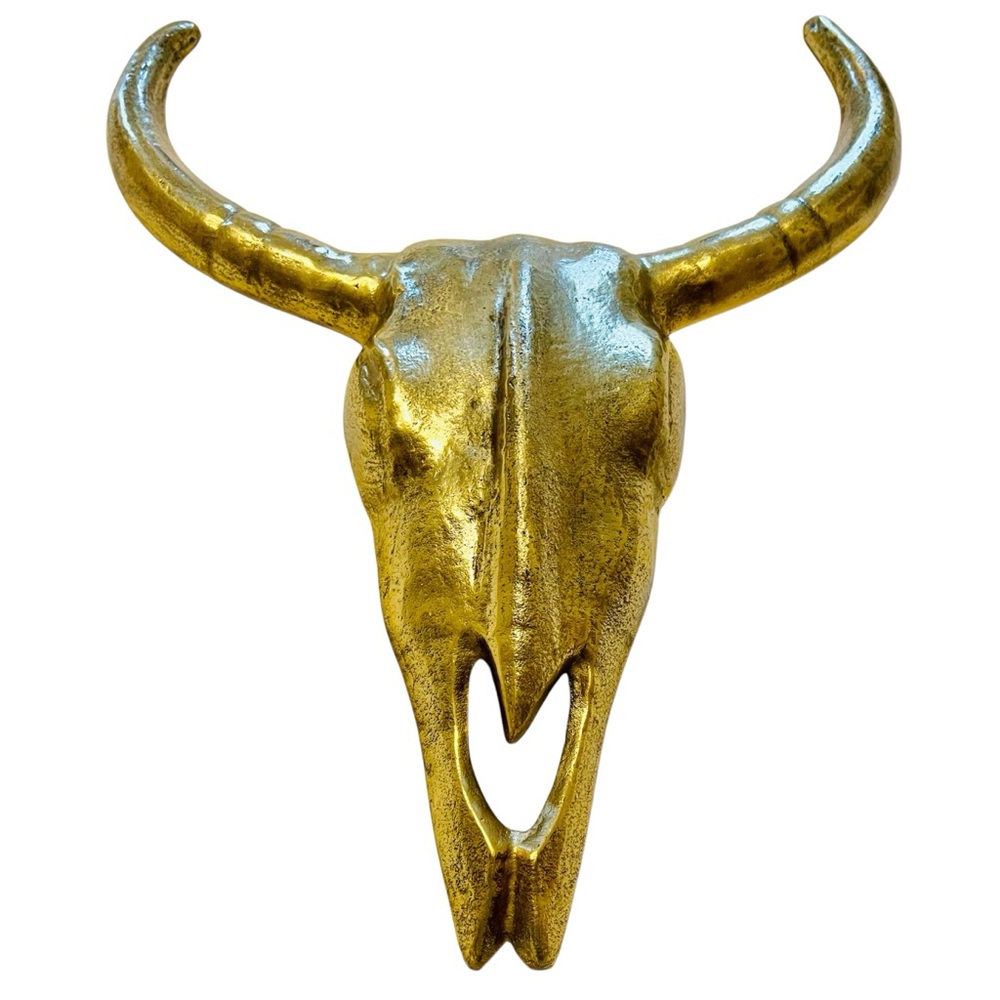 Brass Plated Longhorn Bull Skull Wall Decor 14” W, 19” L Western, Southwestern